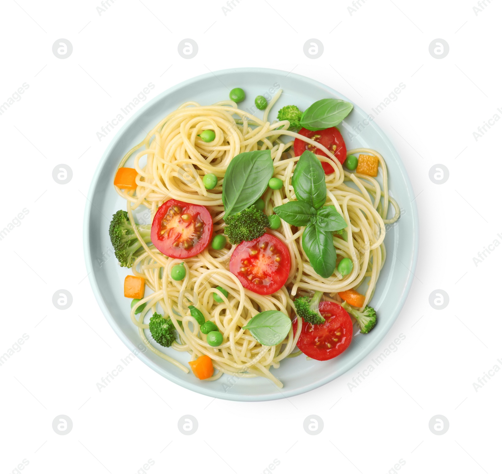 Photo of Plate of delicious pasta primavera isolated on white, top view