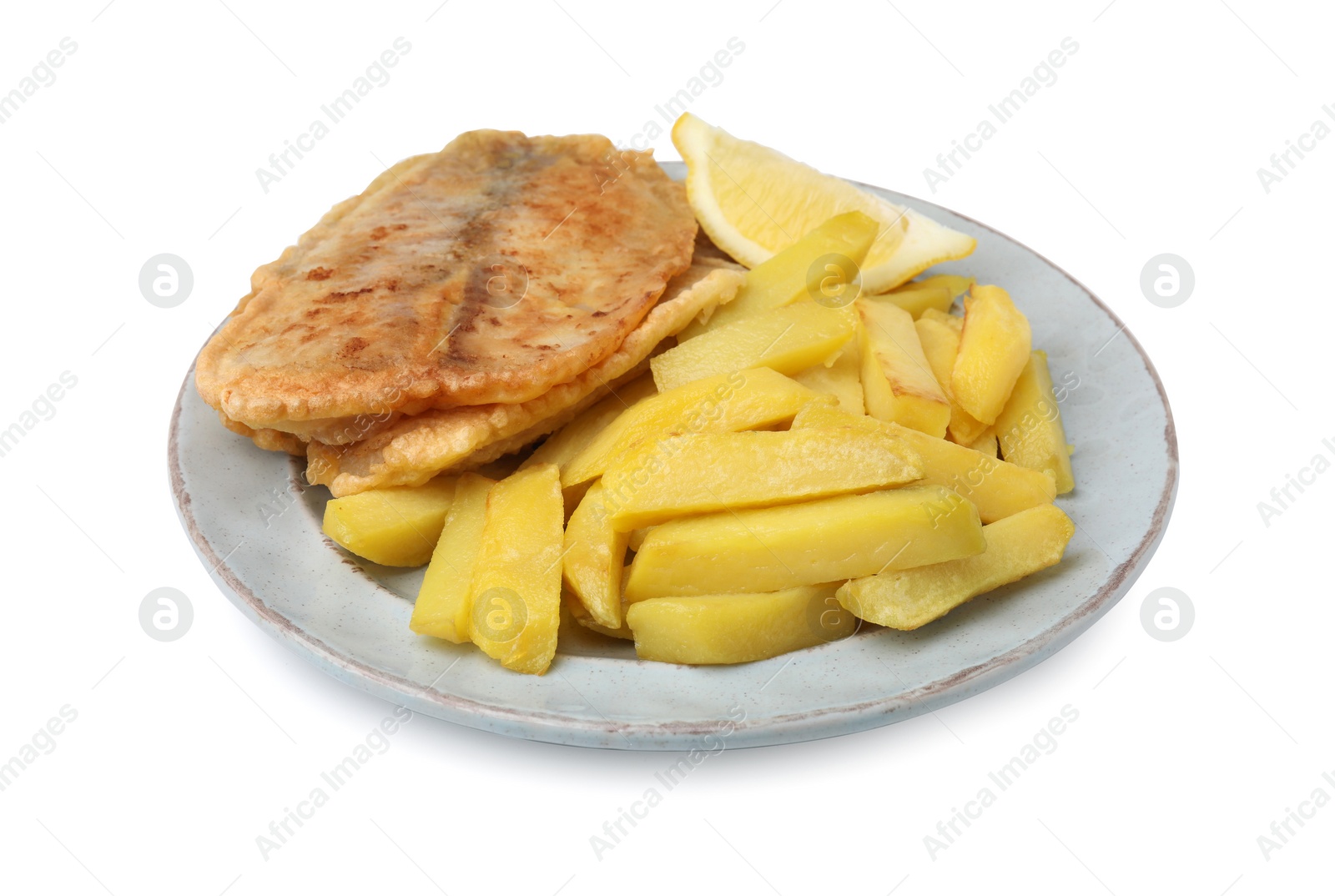 Photo of Delicious fish and chips with lemon wedge isolated on white