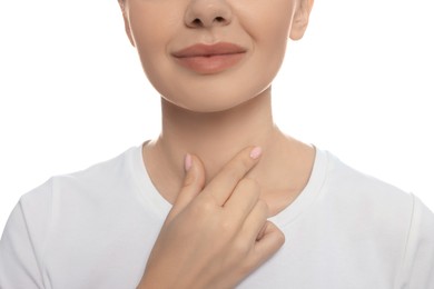 Photo of Endocrine system. Woman doing thyroid self examination on white background, closeup