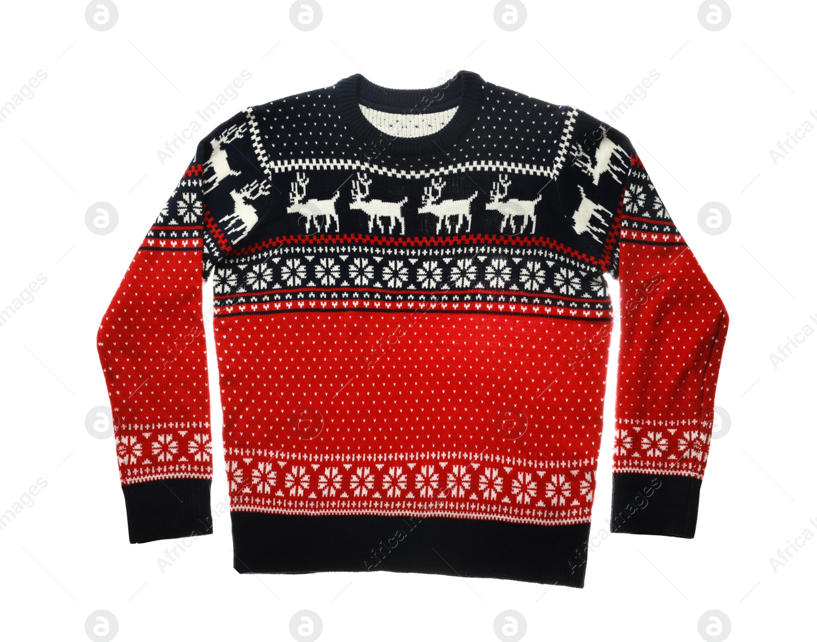 Photo of Warm red Christmas sweater on white background, top view