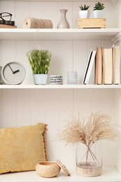 White shelving unit with plants and different decorative stuff