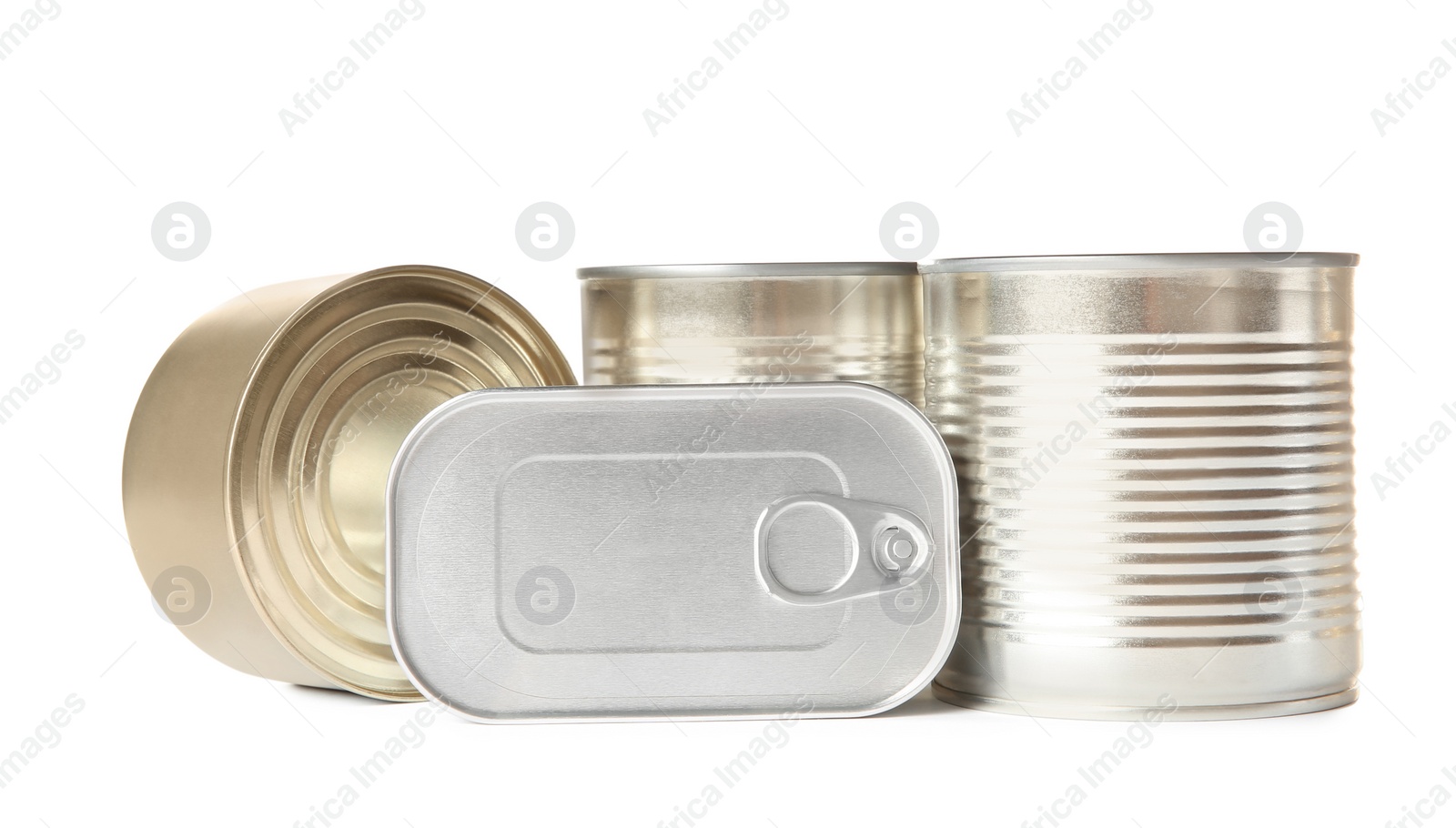 Photo of Group of tin cans isolated on white