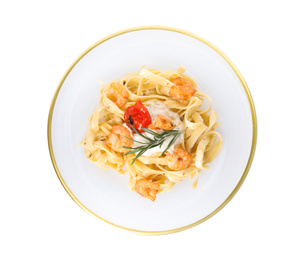 Delicious pasta with shrimps isolated on white, top view