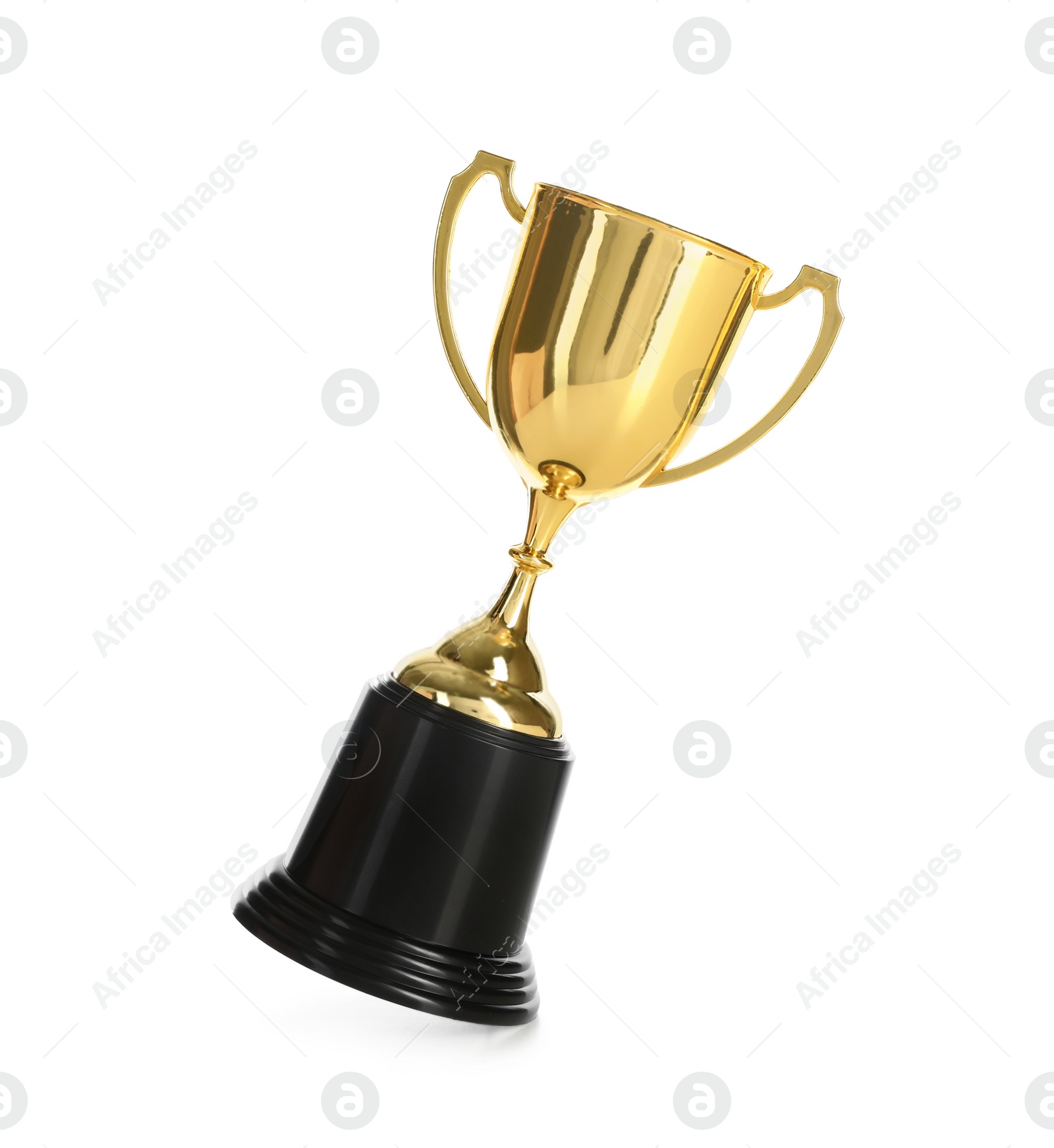 Photo of Shiny gold cup on white background. Winner's trophy