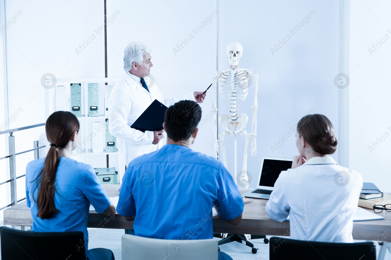 Image of Medical students and professor studying human skeleton anatomy in classroom