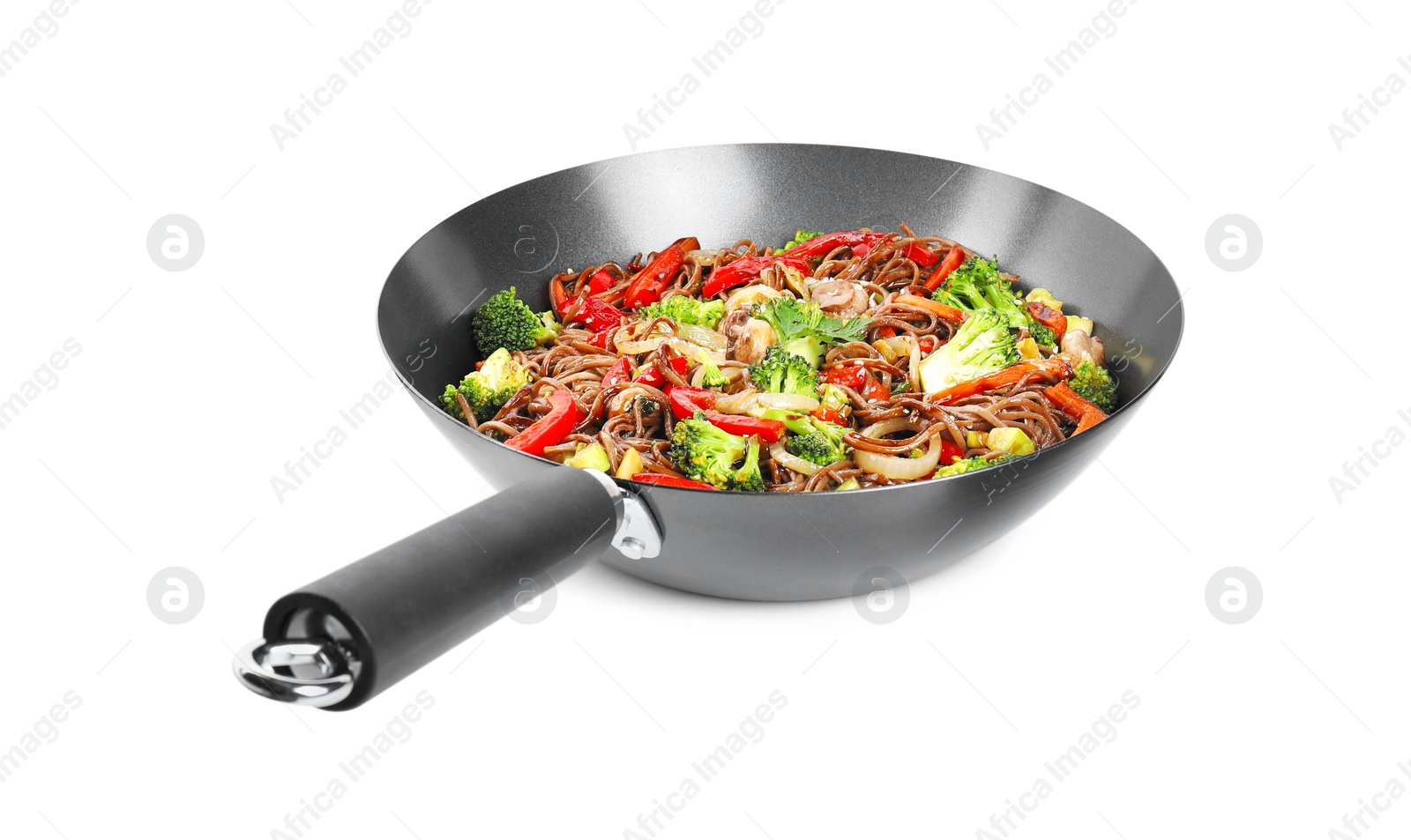 Photo of Stir-fry. Tasty noodles with meat and vegetables in wok isolated on white