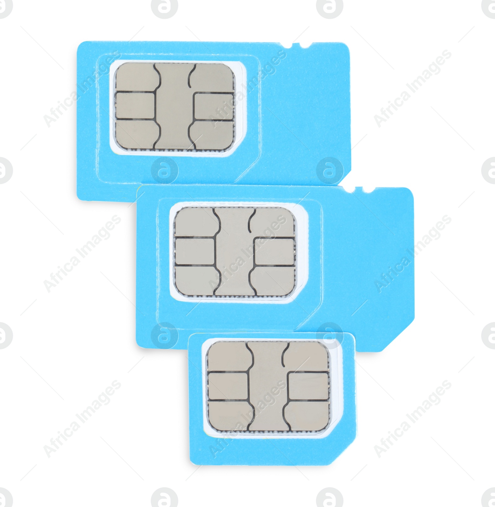 Photo of Light blue SIM cards on white background, top view