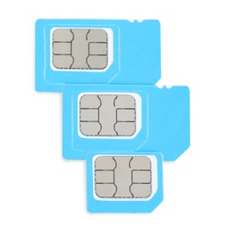Photo of Light blue SIM cards on white background, top view