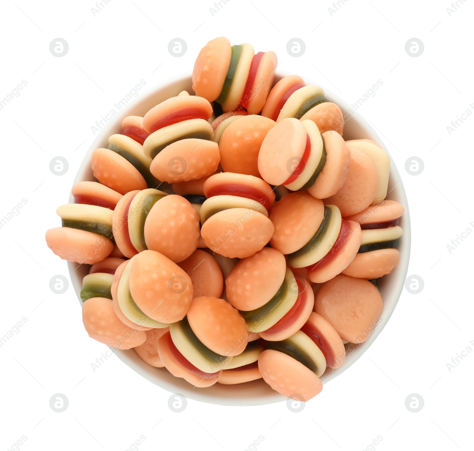 Photo of Bowl with jelly candies in shape of burger on white background, top view