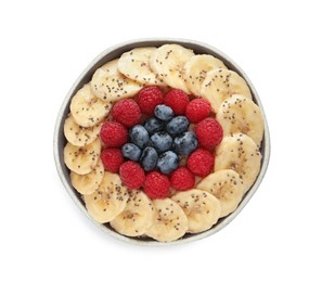 Photo of Tasty breakfast with berries, banana and chia seeds in bowl on white background, top view