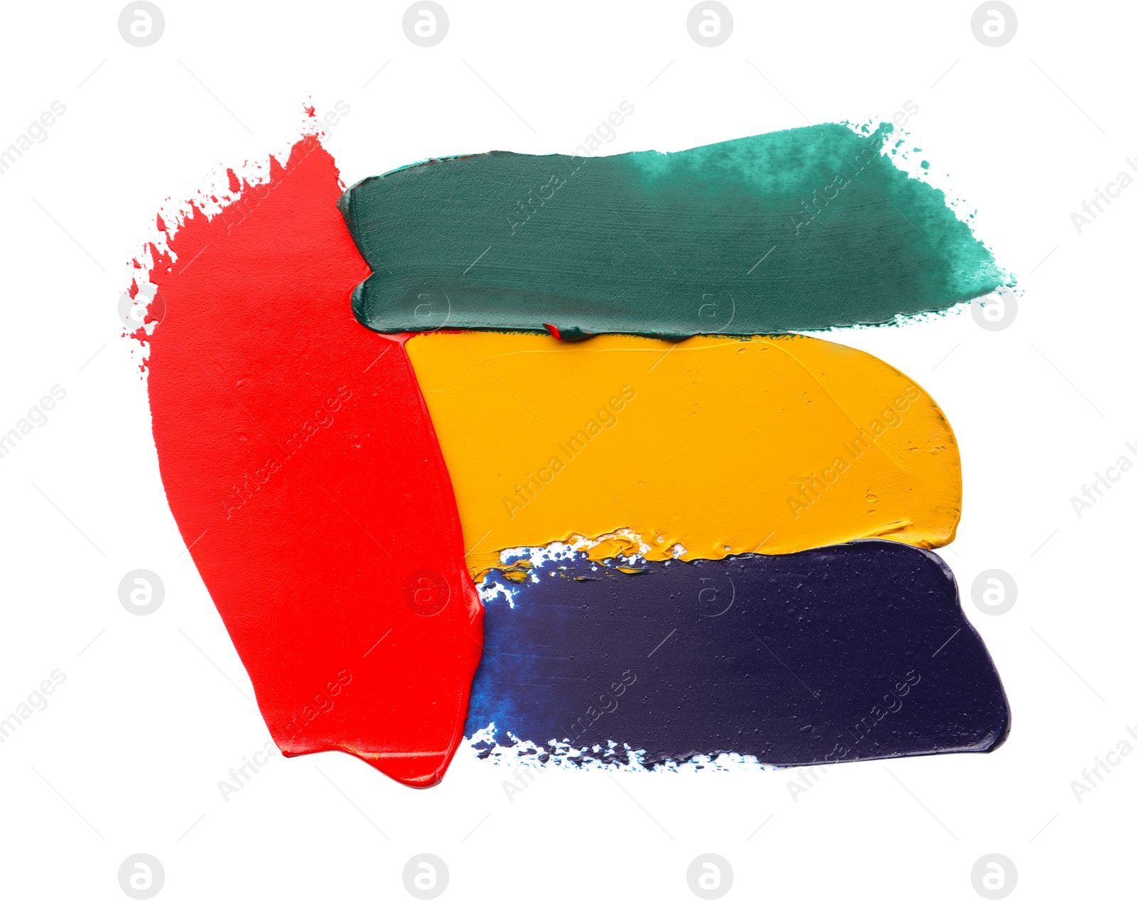 Photo of Colorful oil paint strokes on white background, top view