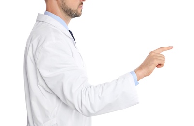 Male doctor pointing on white background, closeup