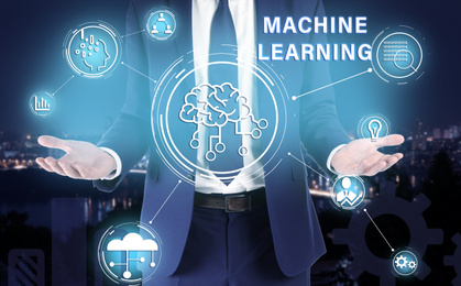 Image of Man demonstrating machine learning model and cityscape on background, closeup