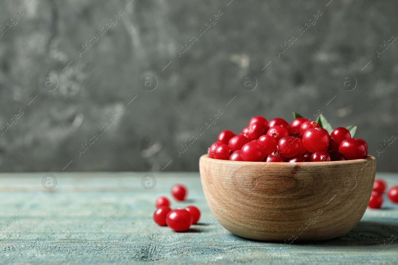 Photo of Tasty ripe cranberries on light blue wooden table, closeup. Space for text