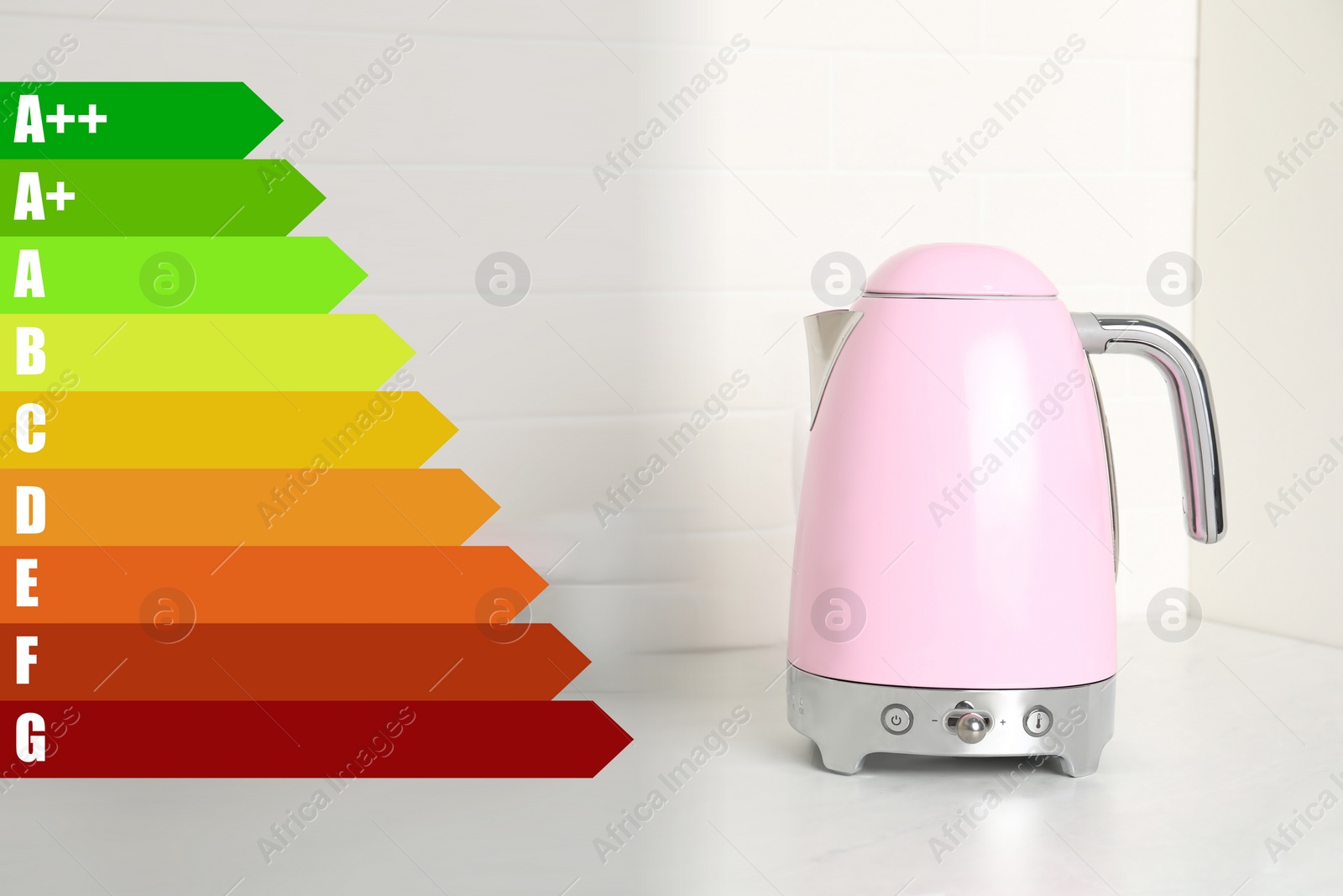 Image of Energy efficiency rating label and electric kettle indoors