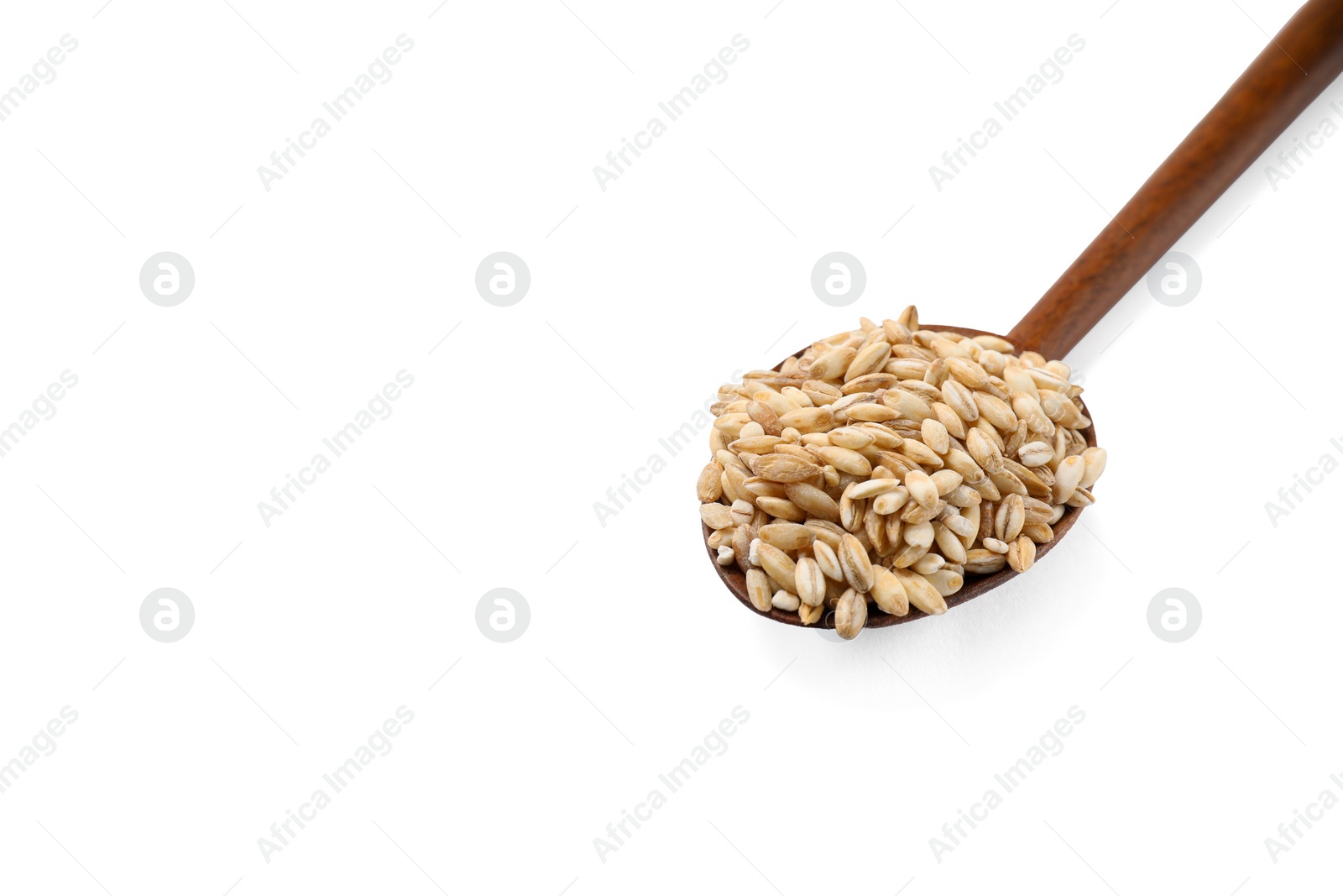 Photo of Wooden spoon with raw pearl barley isolated on white