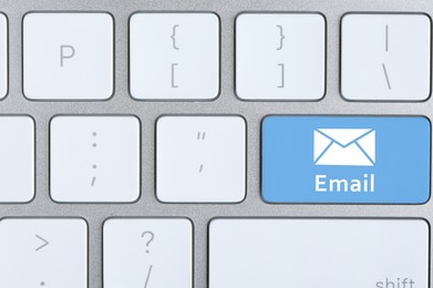 Image of Modern computer keyboard with envelope sign on button, top view. Sending email letters