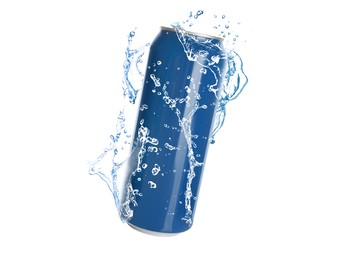 Image of Blue aluminum can with splash of water on white background