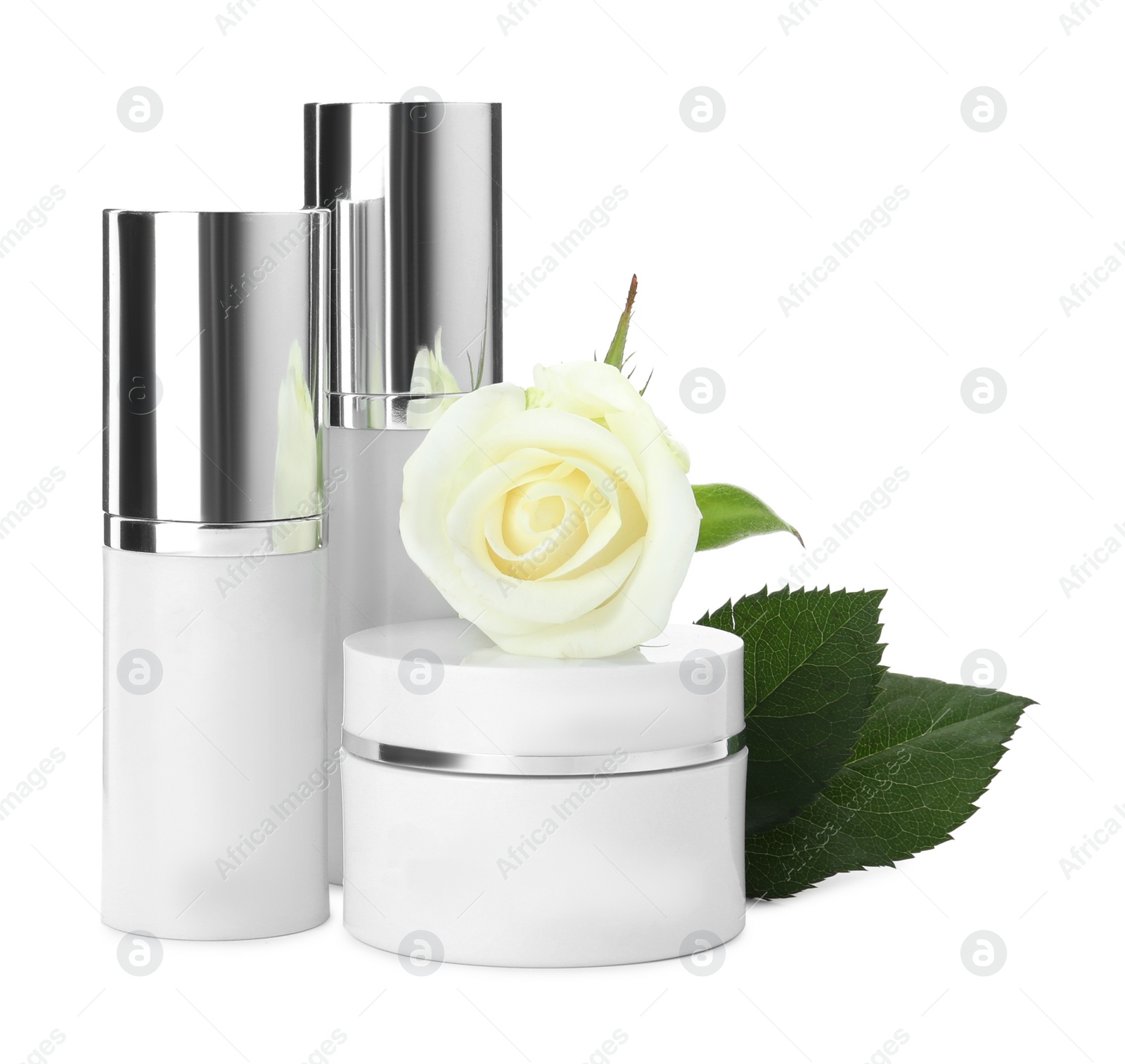 Photo of Cosmetic products and flower on white background