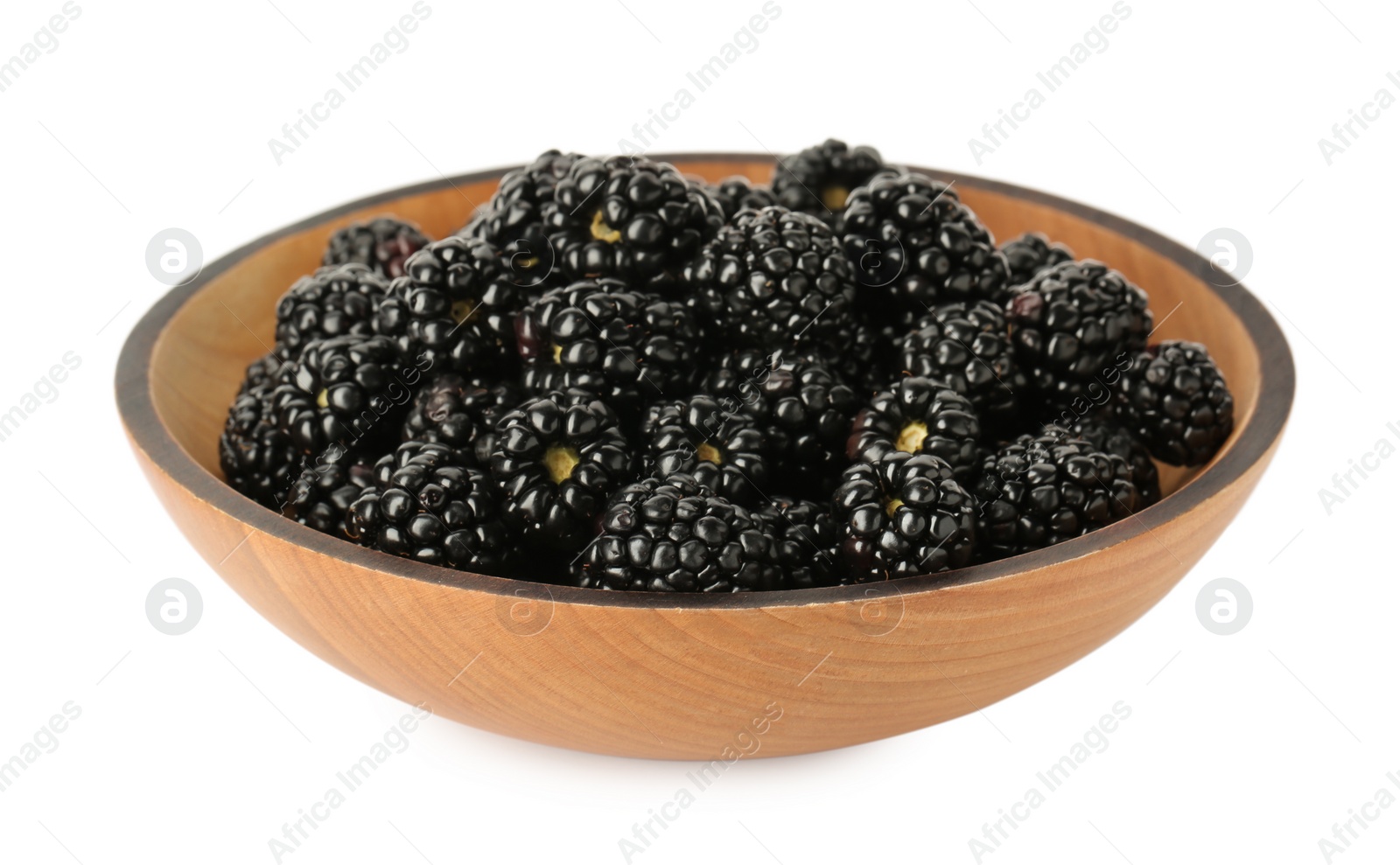 Photo of Bowl with fresh ripe blackberries isolated on white