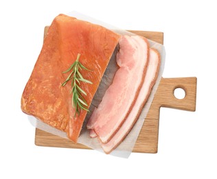 Photo of Delicious smoked bacon with rosemary on white background, top view