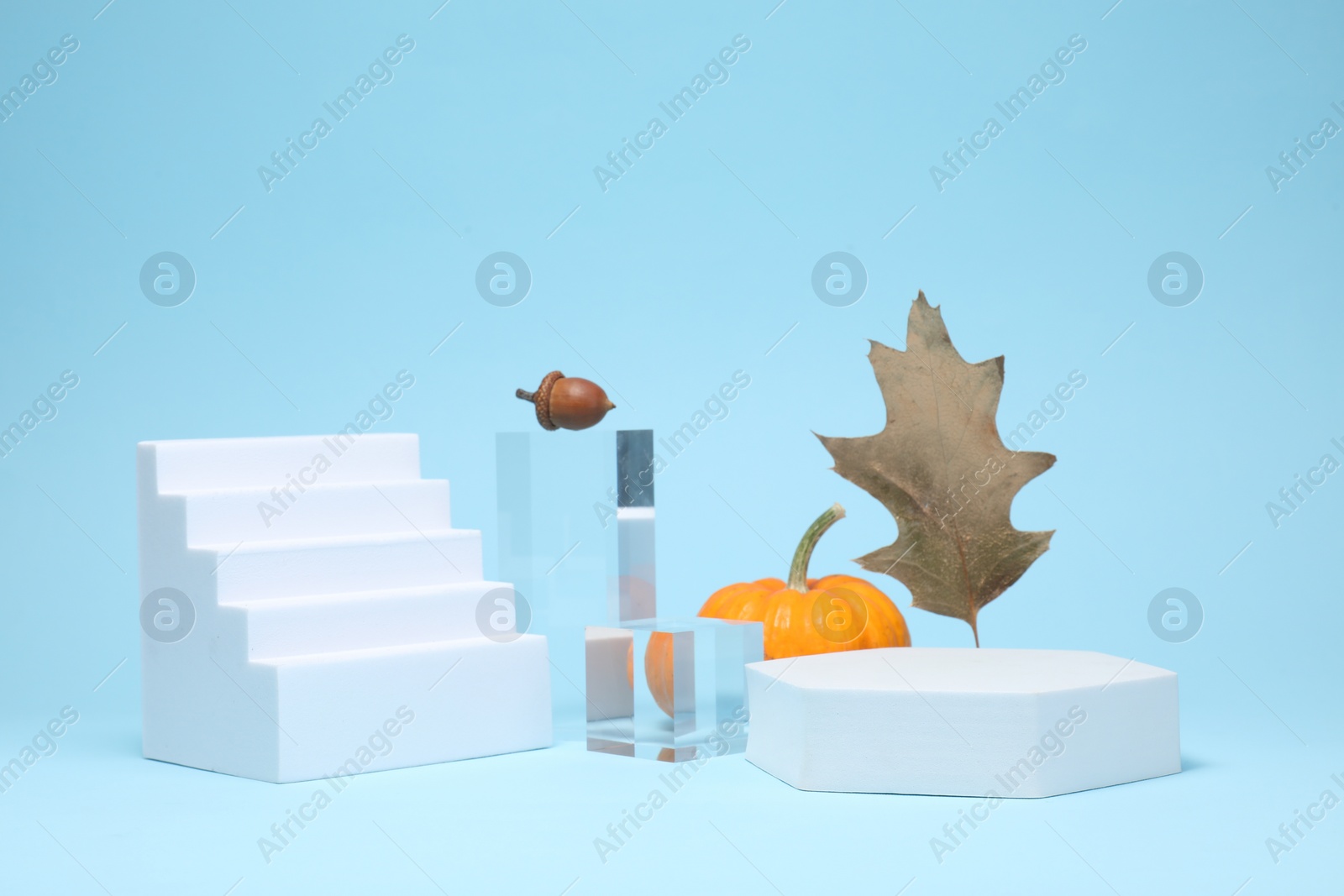 Photo of Autumn presentation for product. Geometric figures, pumpkin, acorn and dry leaf on light blue background