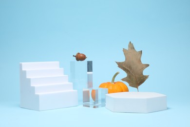 Autumn presentation for product. Geometric figures, pumpkin, acorn and dry leaf on light blue background