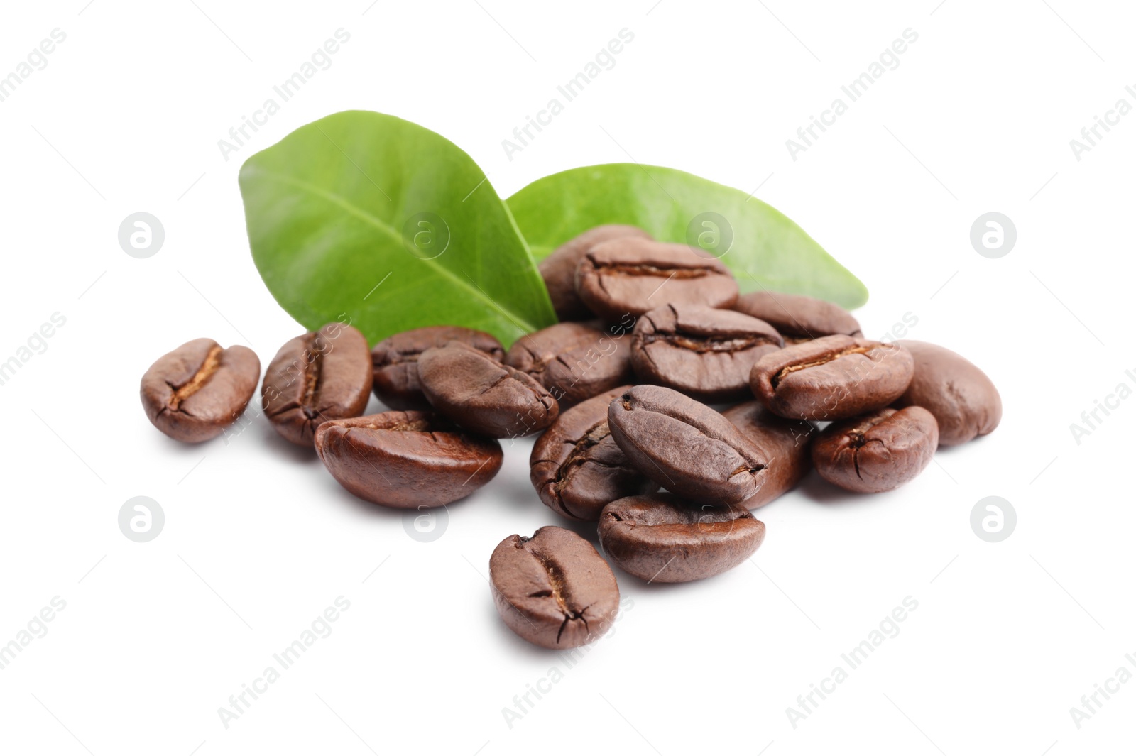 Photo of Roasted coffee beans and leaves isolated on white