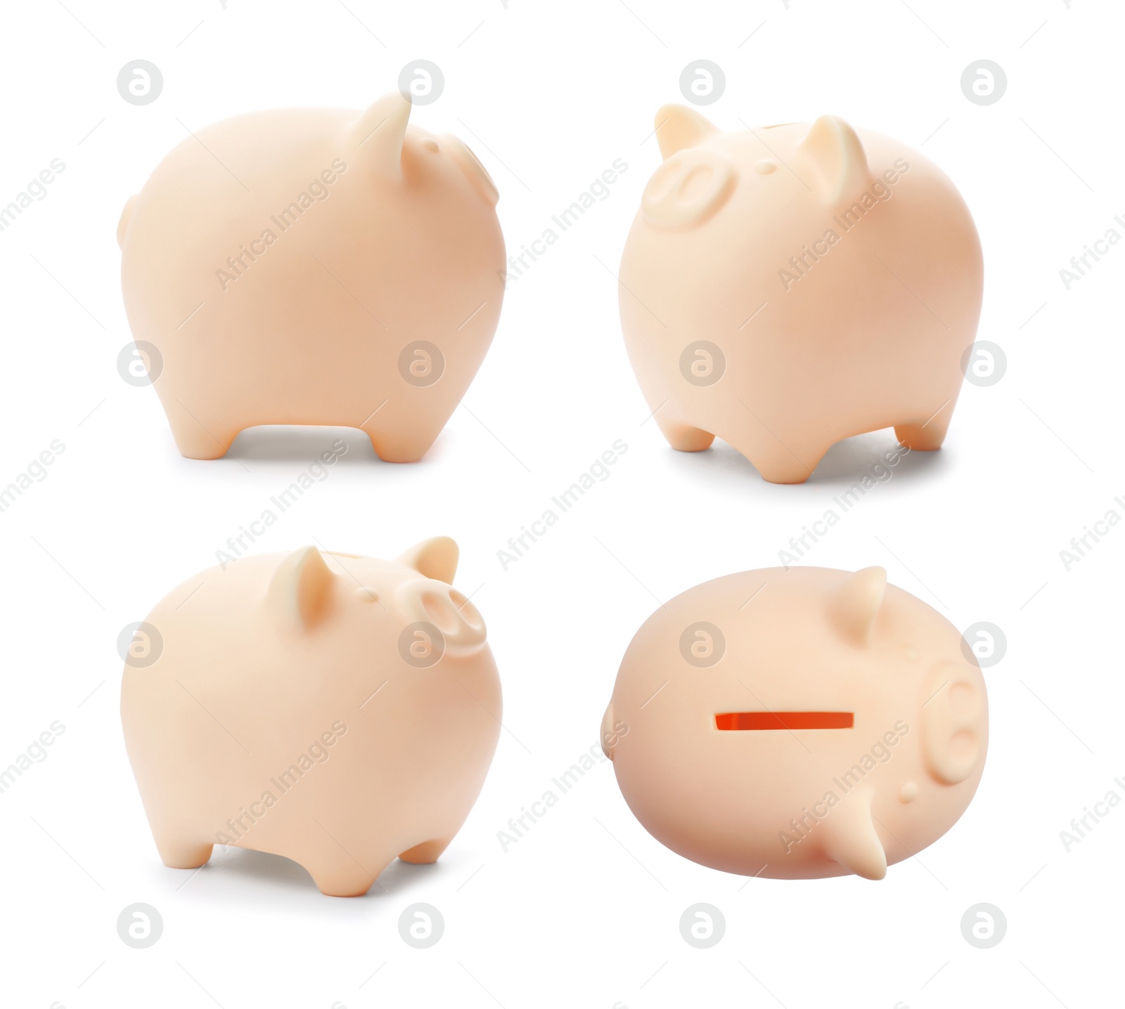 Set with ceramic piggy bank on white background Image of Set with ceramic piggy bank on white background