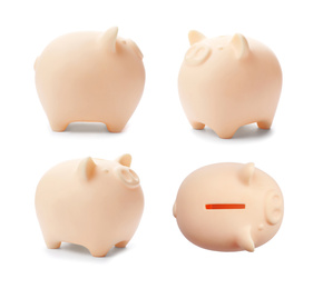 Image of Set with ceramic piggy bank on white background