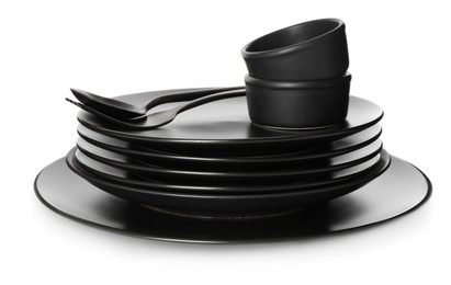 Set of black dishware on white background
