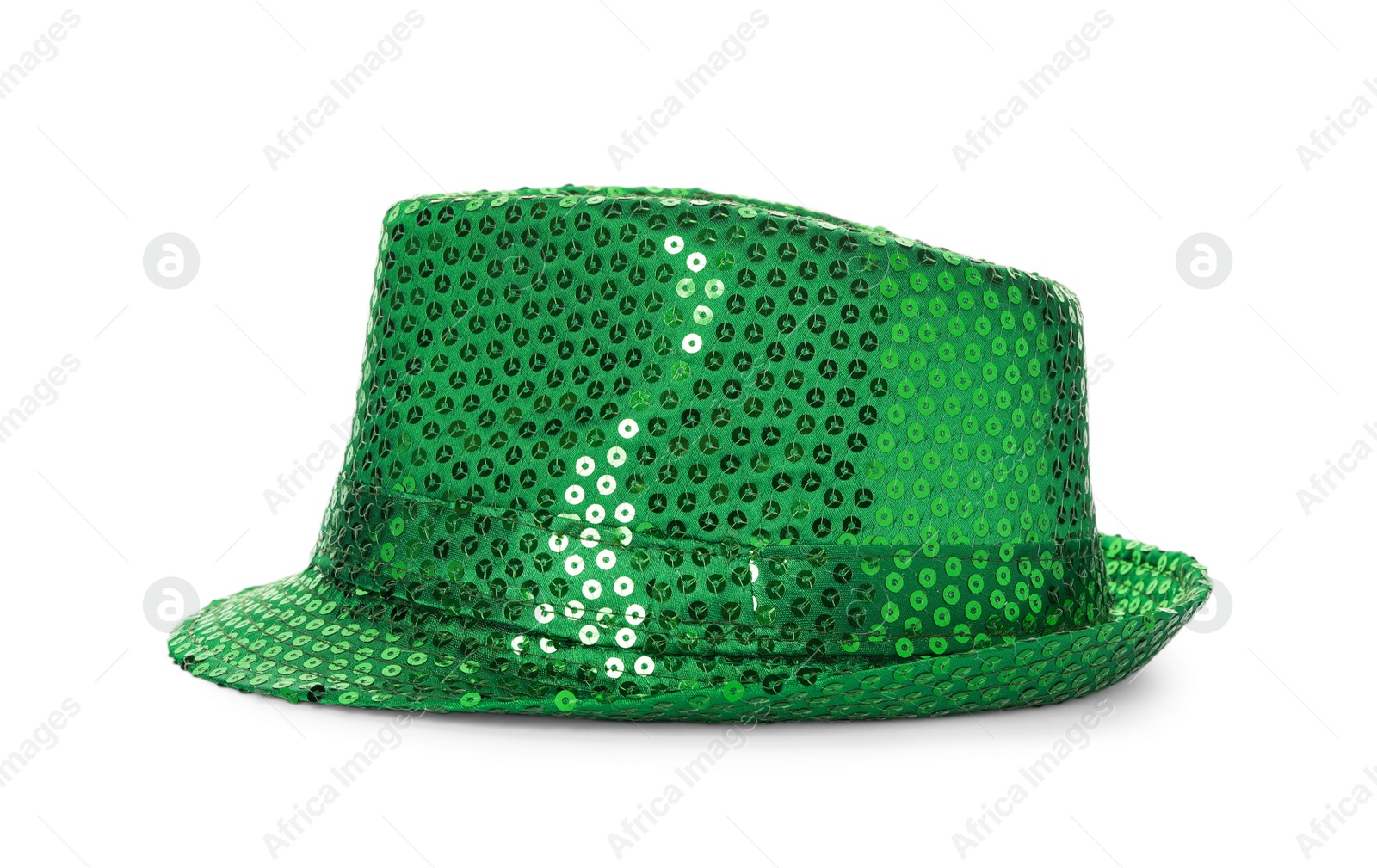 Photo of Green sequin hat isolated on white. Saint Patrick's Day accessory