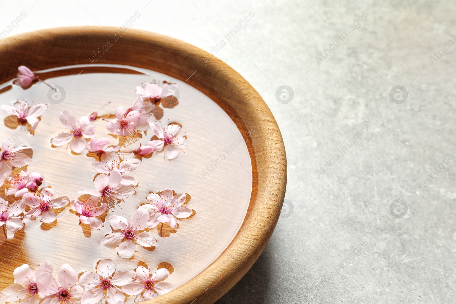 Photo of Bowl with water and blossoming flowers on grey background