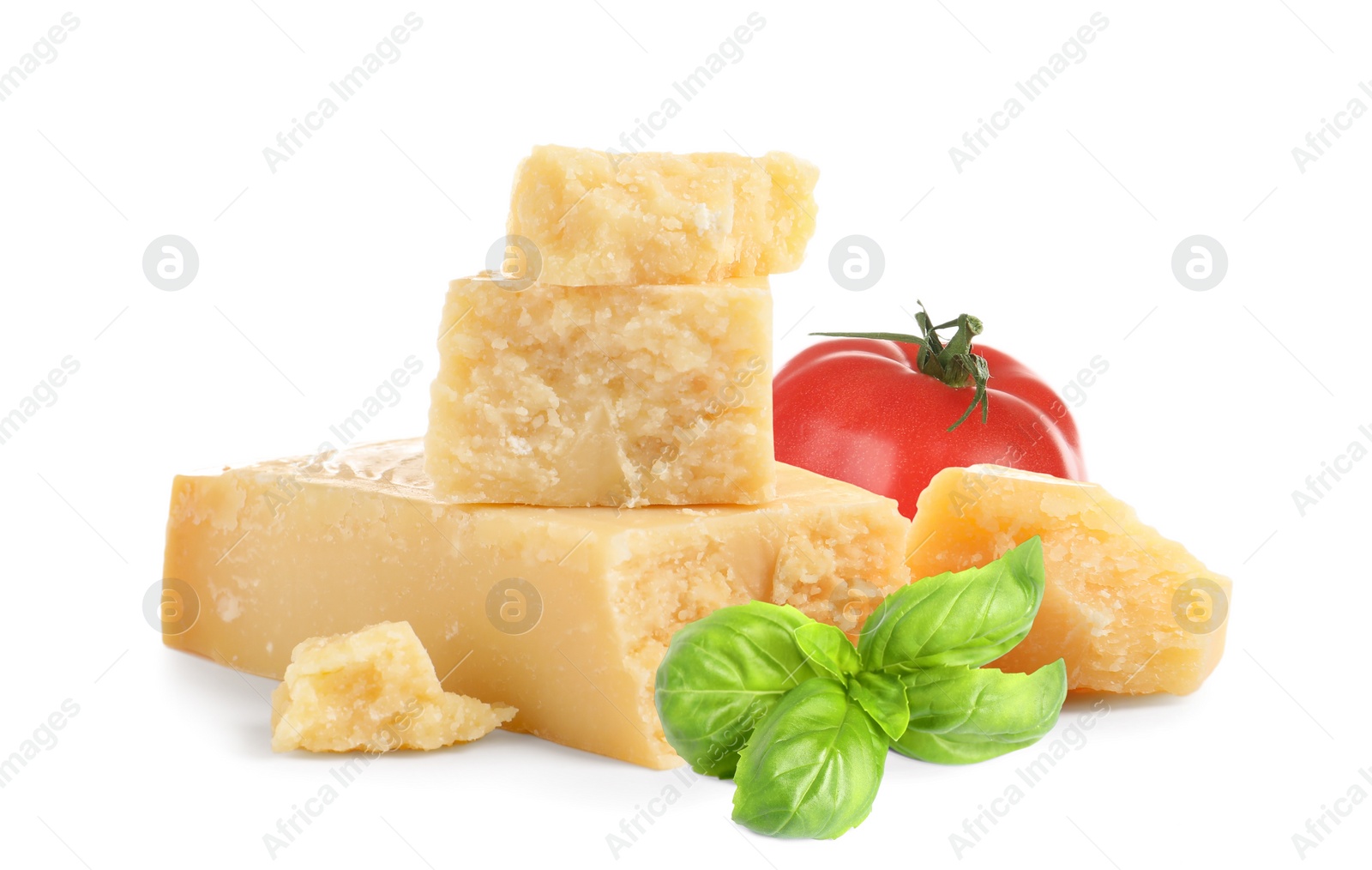 Image of Delicious parmesan cheese, tomato and basil on white background