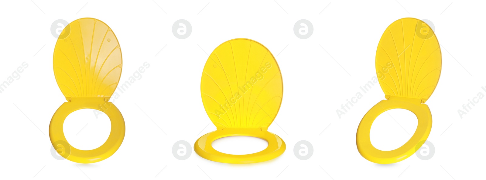 Image of Set with yellow plastic toilet seats on white background. Banner design