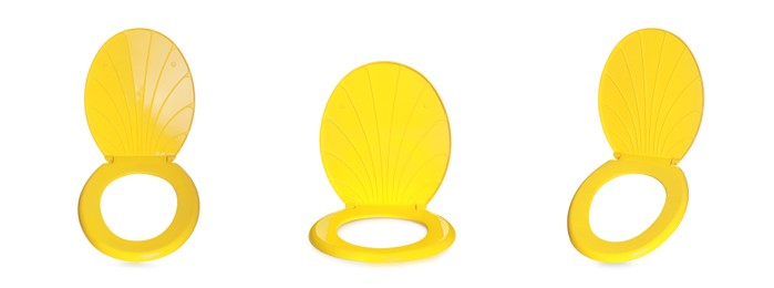 Image of Set with yellow plastic toilet seats on white background. Banner design