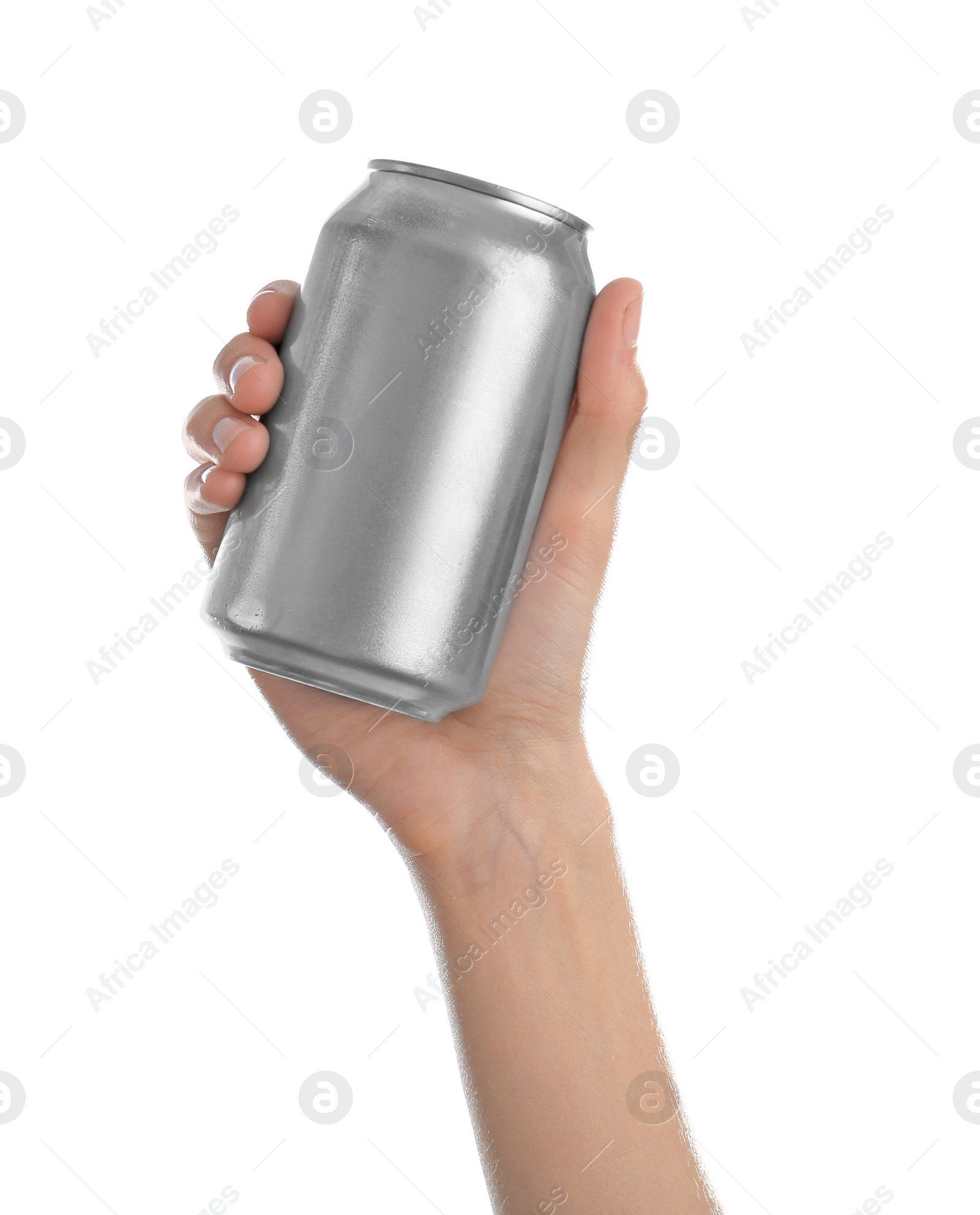 Photo of Woman holding aluminum can with beverage on white background
