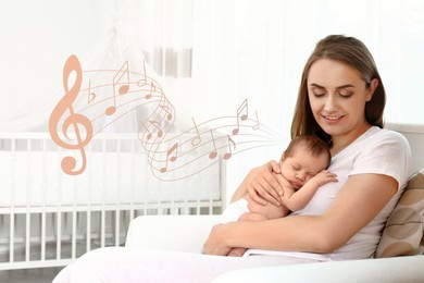 Image of Mother singing lullaby to her baby in bedroom. Music notes illustrations flying near woman and child