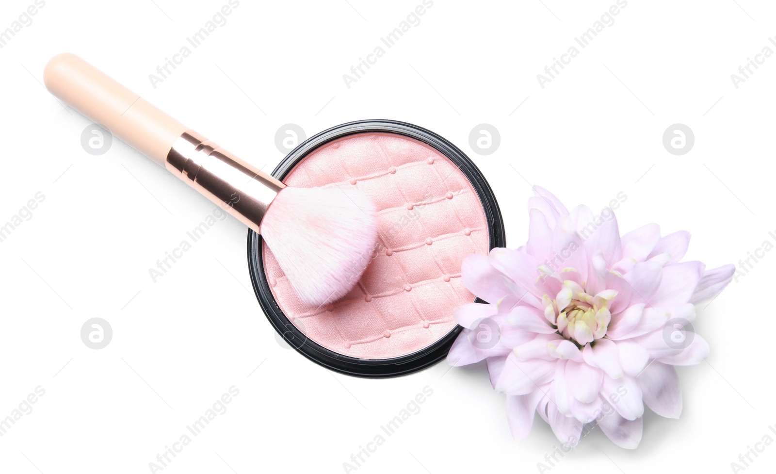 Photo of Face powder with makeup brush on white background