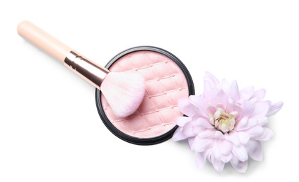 Face powder with makeup brush on white background