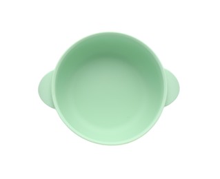 Plastic bowl isolated on white, top view. Serving baby food