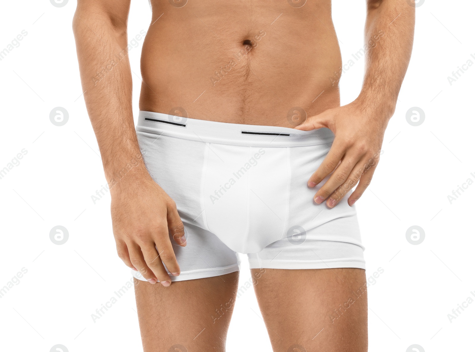 Photo of Man in underwear on white background, closeup
