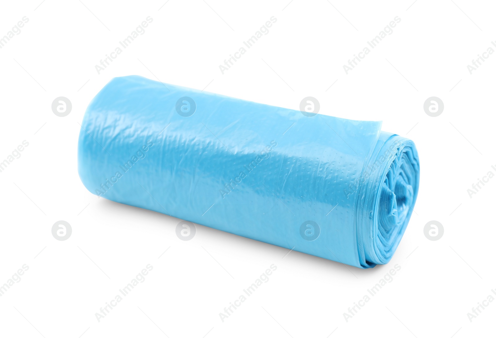 Photo of Roll of light blue garbage bags isolated on white