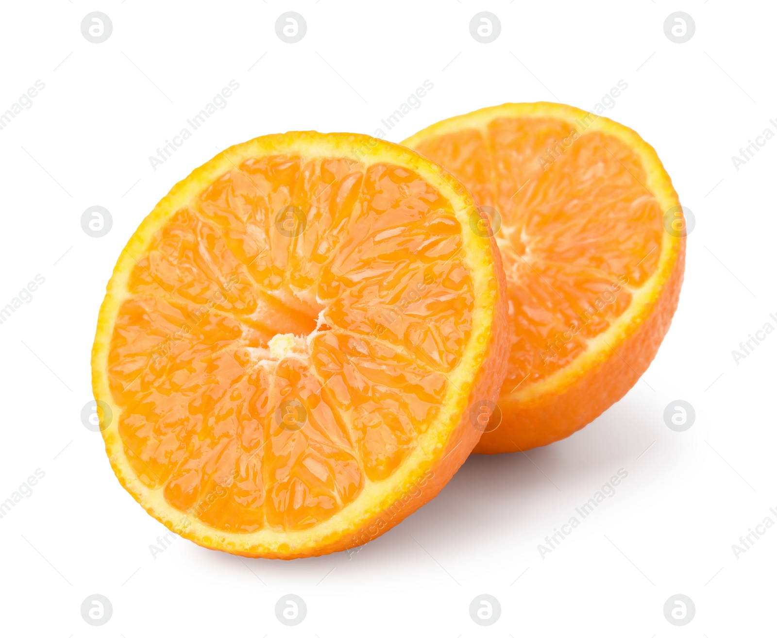 Photo of Cut fresh juicy tangerine isolated on white