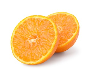 Photo of Cut fresh juicy tangerine isolated on white