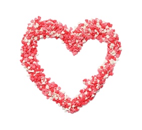 Photo of Heart made of sweet candies on white background, top view