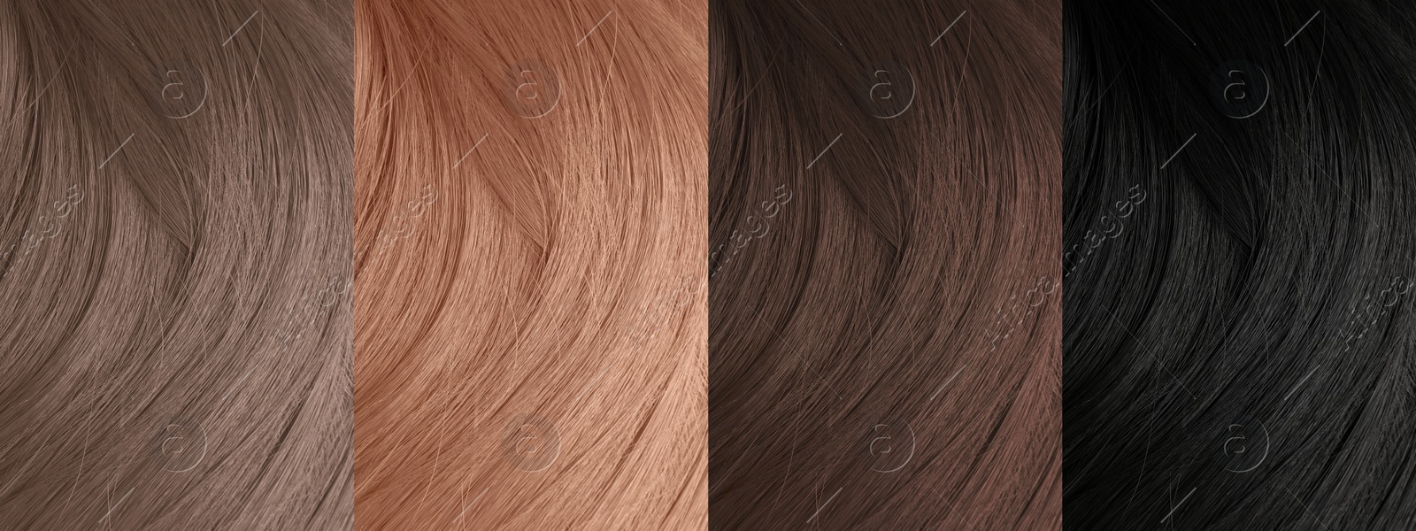 Image of Collage of color hair samples, closeup. Banner design