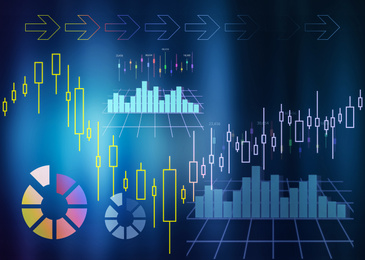 Illustration of Finance trading concept. Digital charts with statistic information on blue background