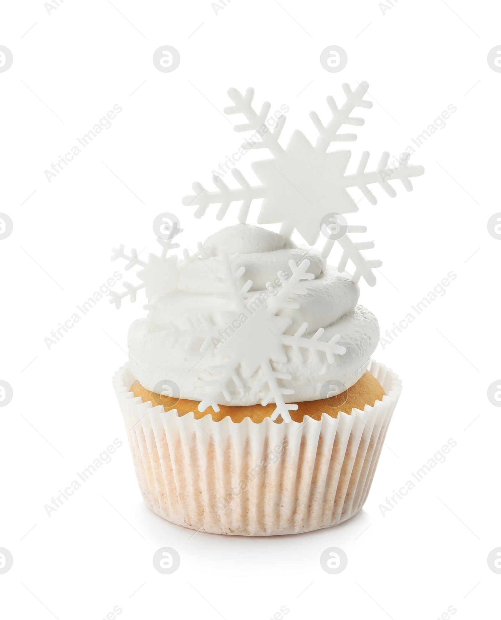 Photo of Tasty Christmas cupcake with snowflakes isolated on white