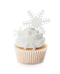 Photo of Tasty Christmas cupcake with snowflakes isolated on white